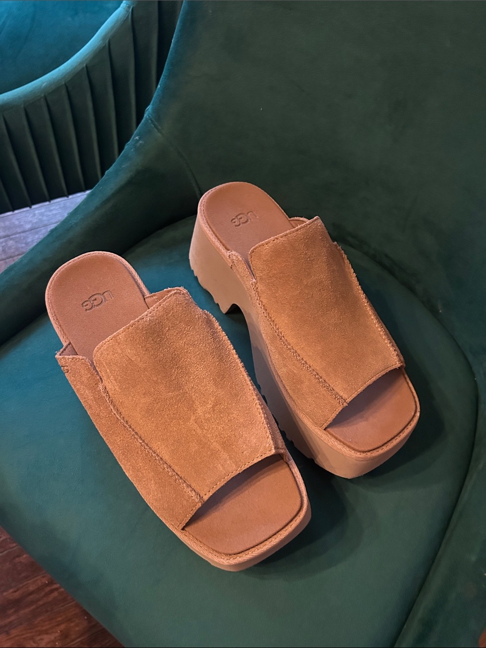 UGG Suede Platform Slide Mules in Tan